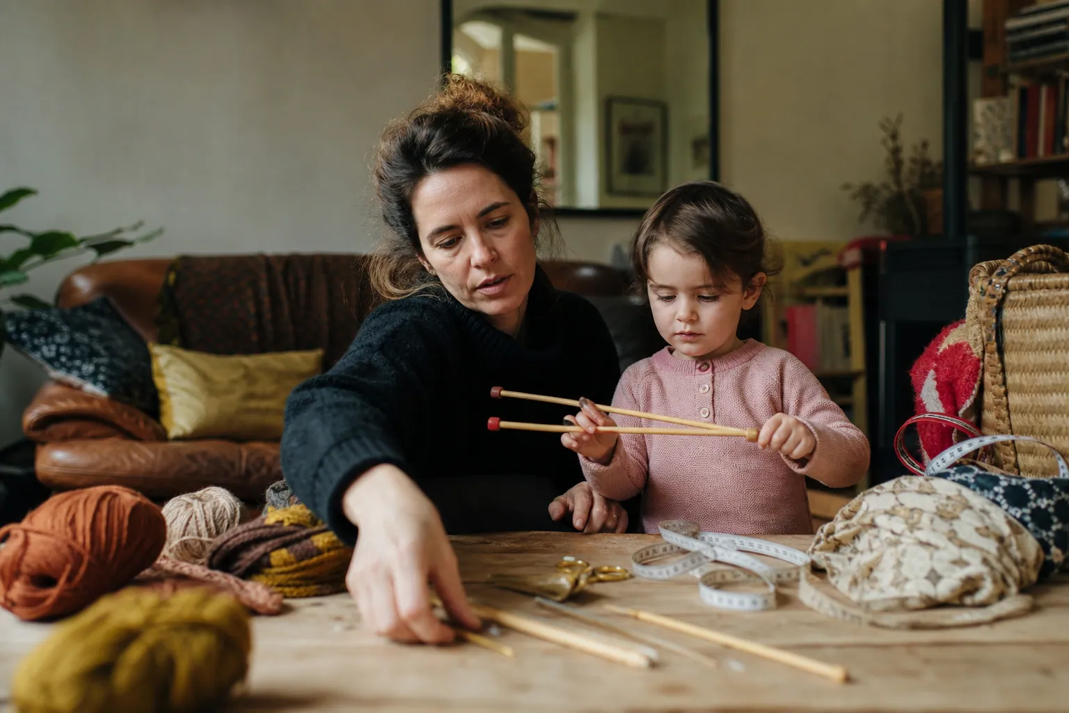 Parent et enfant préparant du matériel de tricot sur une table, en lumière naturelle.