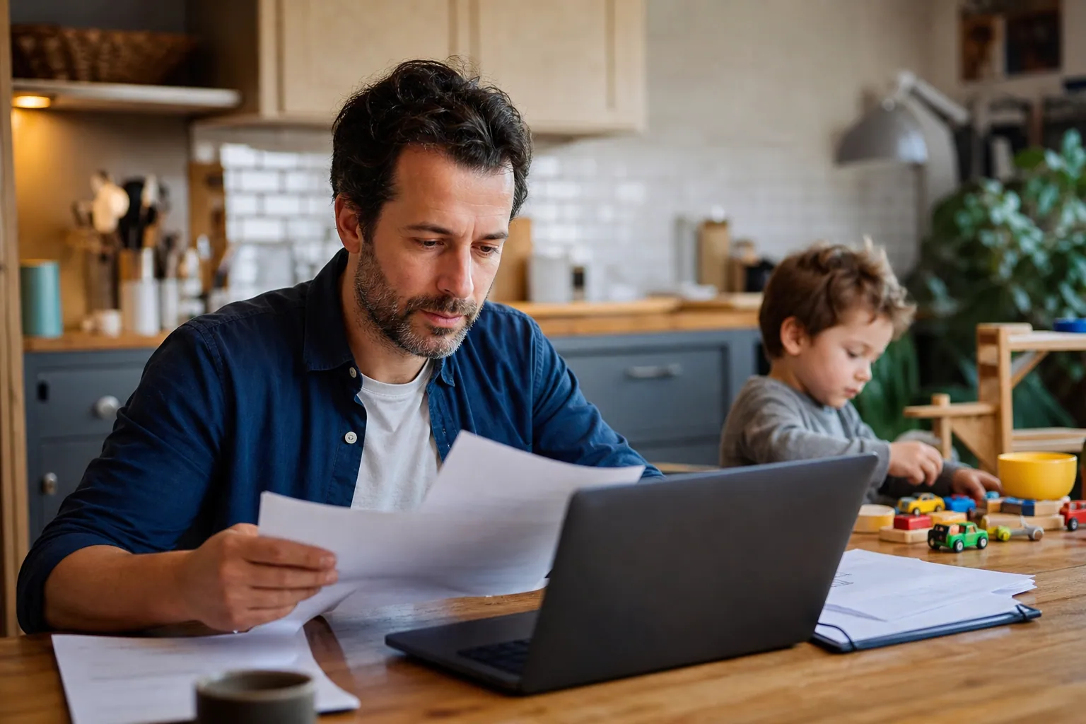 Autoentrepreneur parent vérifiant ses papiers d’assurance maladie à la maison avec un enfant à côté.