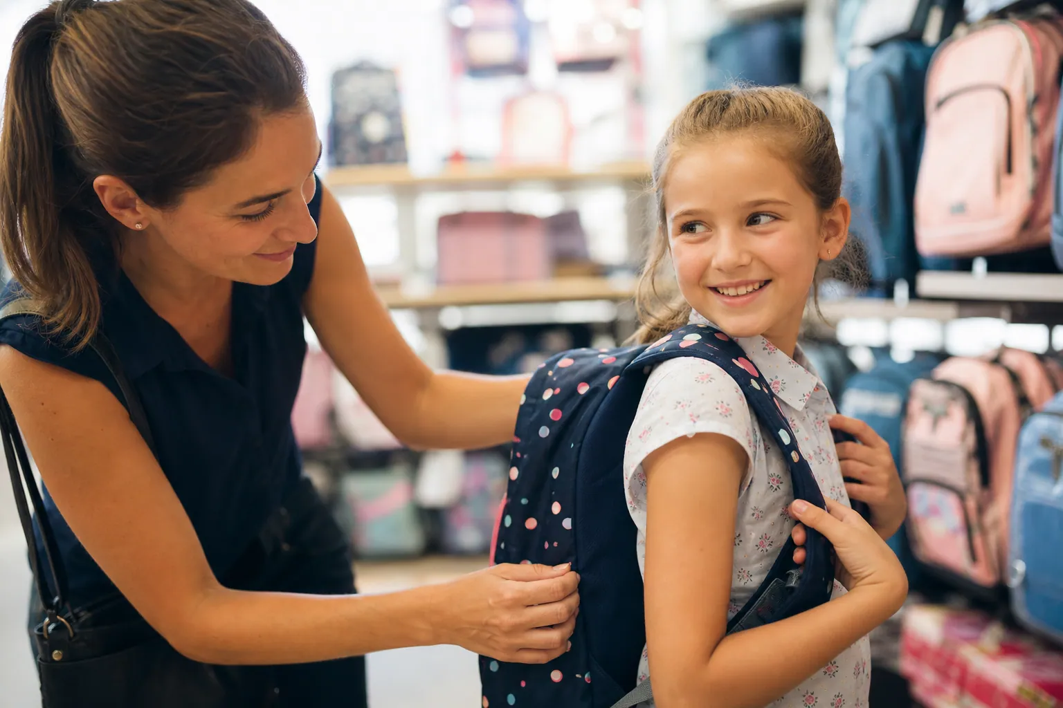 Un enfant de primaire essaie un sac d’école en magasin, avec un parent à ses côtés.