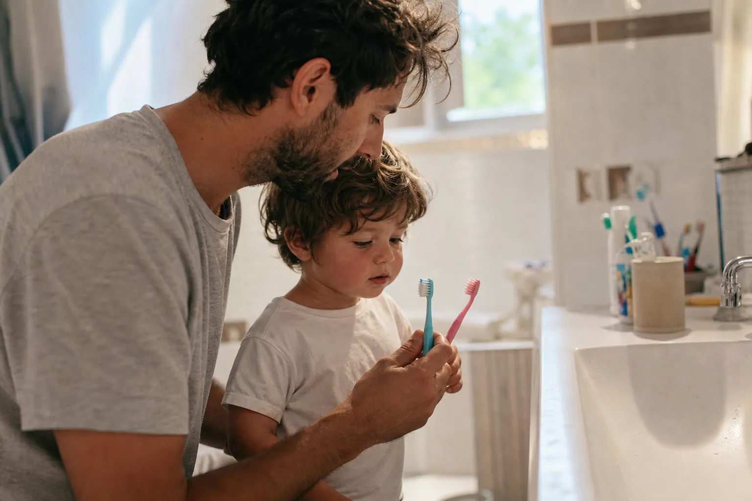 Parent et enfant choisissant une brosse à dents dans une salle de bain lumineuse.