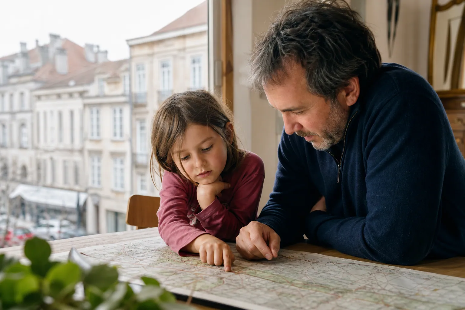 Parent et enfant regardant une carte de l’Ain, ambiance familiale et éducative.