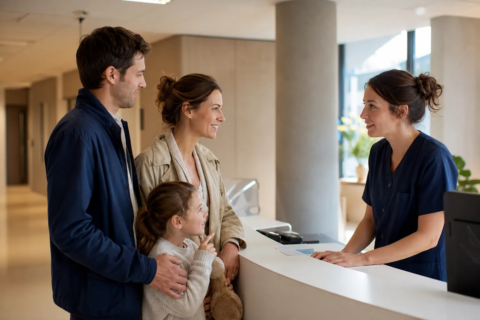 Parents et enfant à l’accueil d’un hôpital privé moderne, en discussion avec une infirmière.