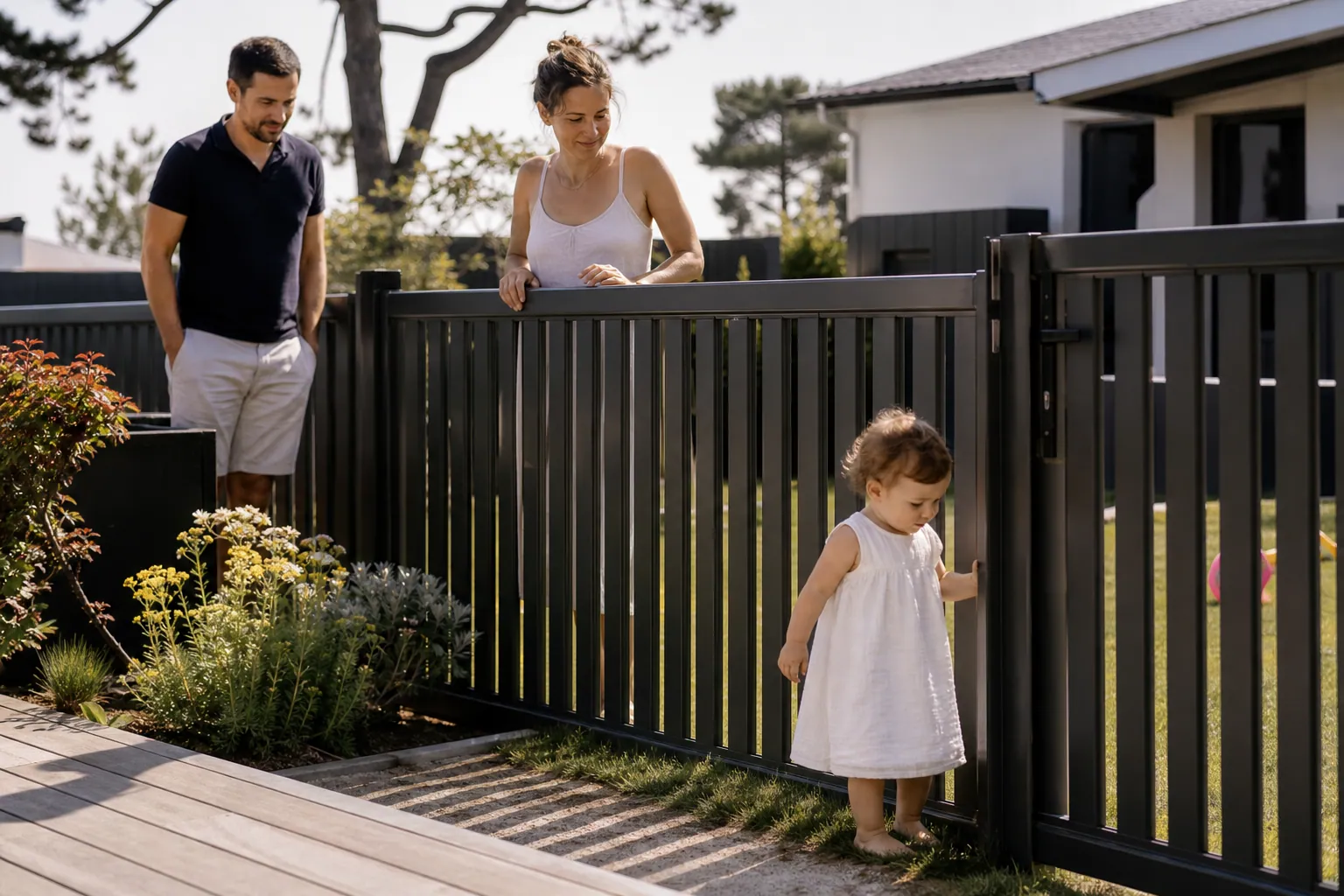 Famille française dans un jardin avec clôture sécurisée pour enfant