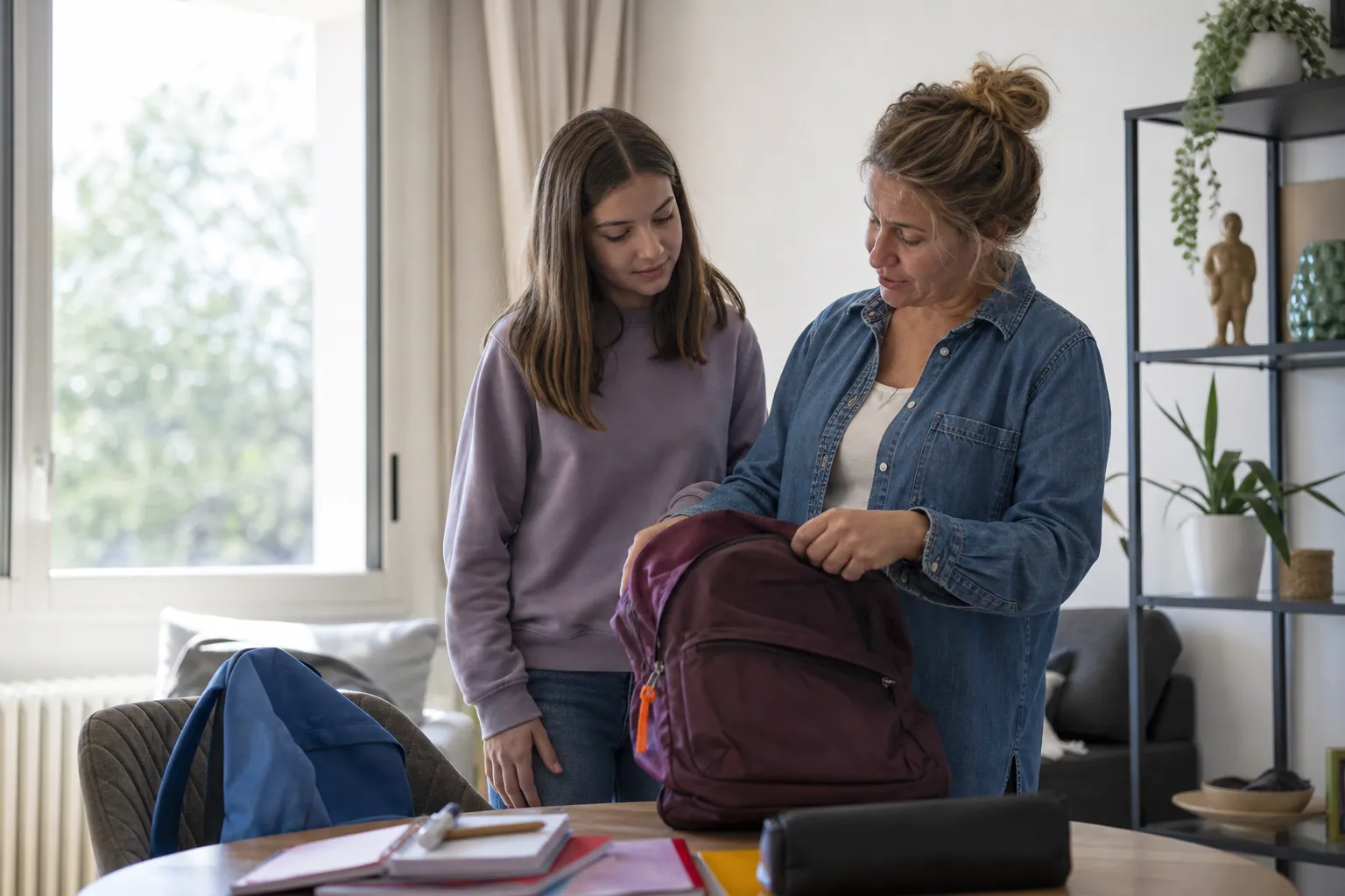 Parent et ado choisissant un sac à dos ensemble à la maison