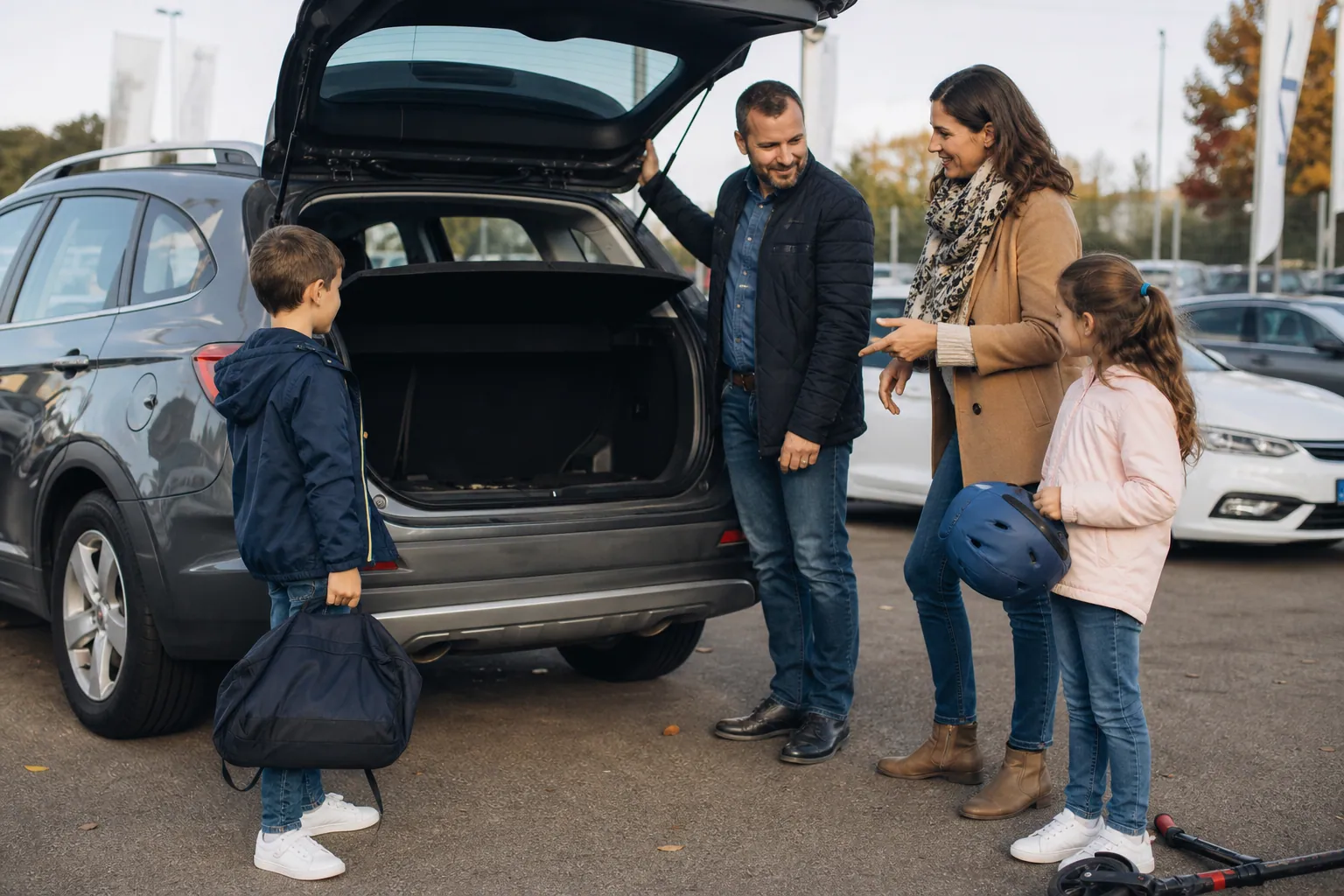 Famille française devant une voiture familiale d’occasion avec sacs de sport
