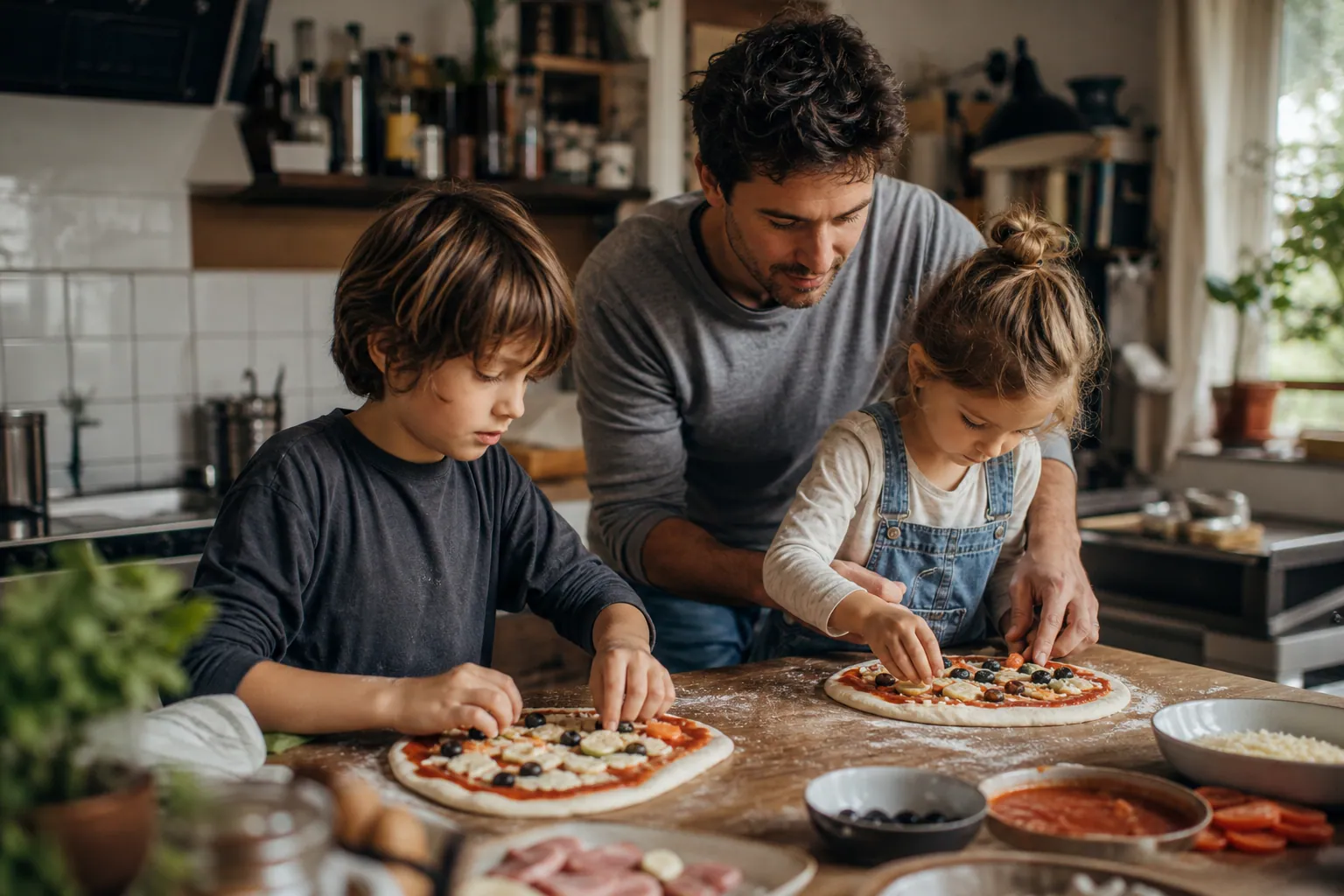 Famille préparant une pizza maison ensemble dans une cuisine lumineuse.