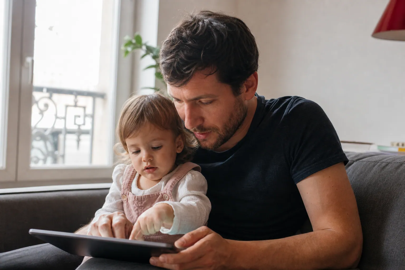 Parent partageant une tablette avec un tout-petit de 18 mois dans un salon lumineux
