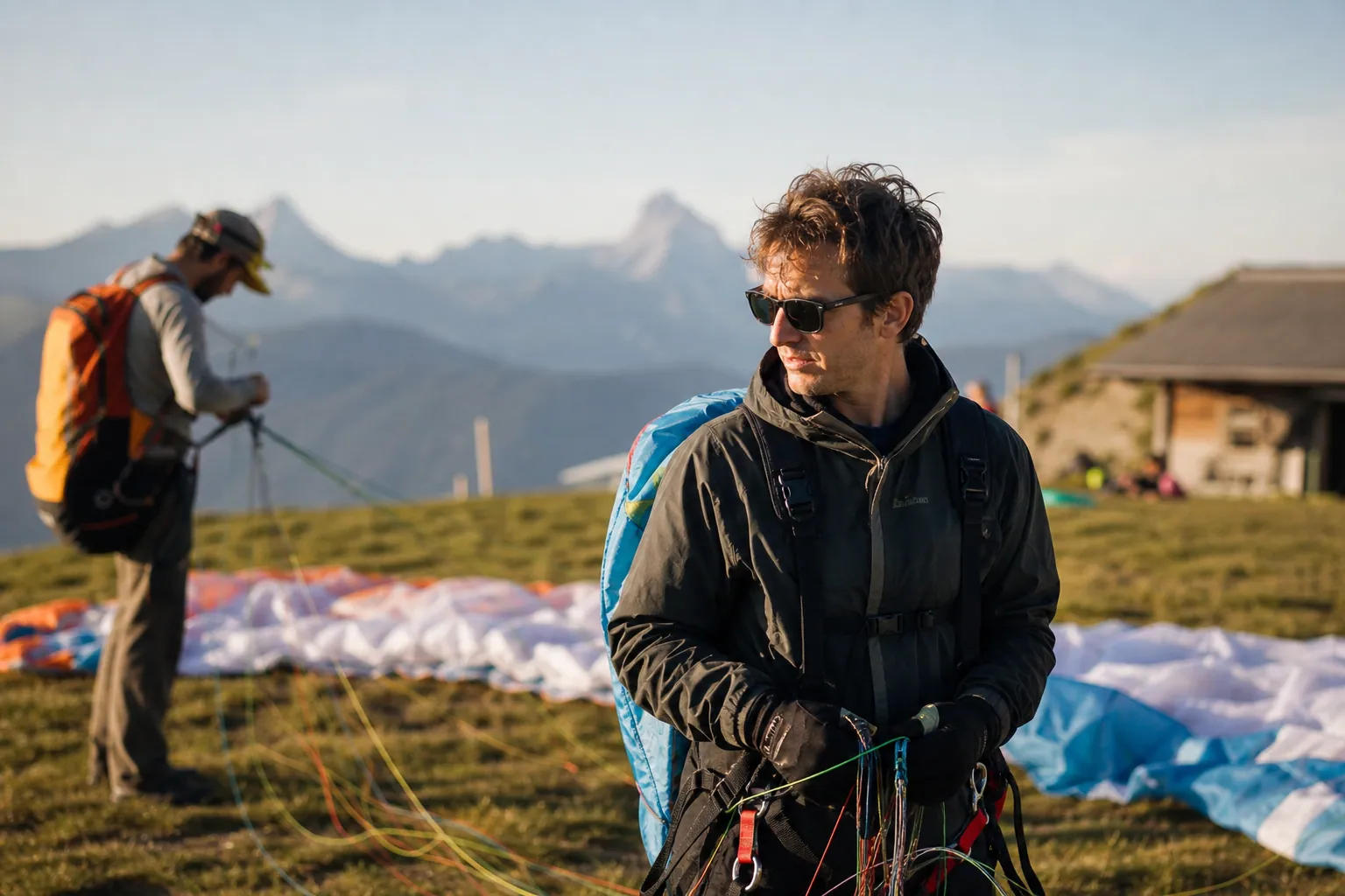 Un parapentiste prépare sa tenue sur un site de décollage en montagne.