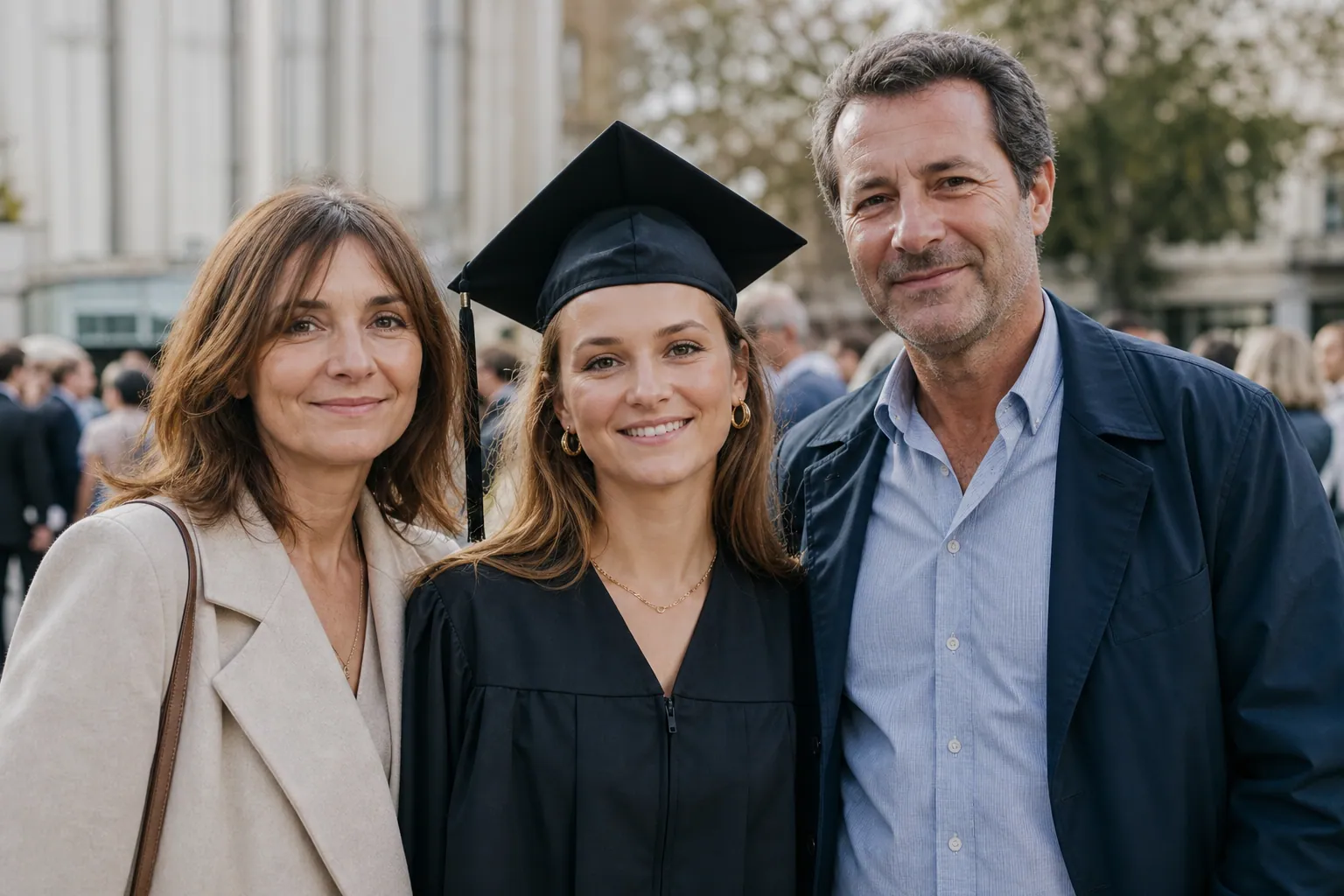 Jeune diplômé et parents en tenue élégante lors d’une remise de diplôme