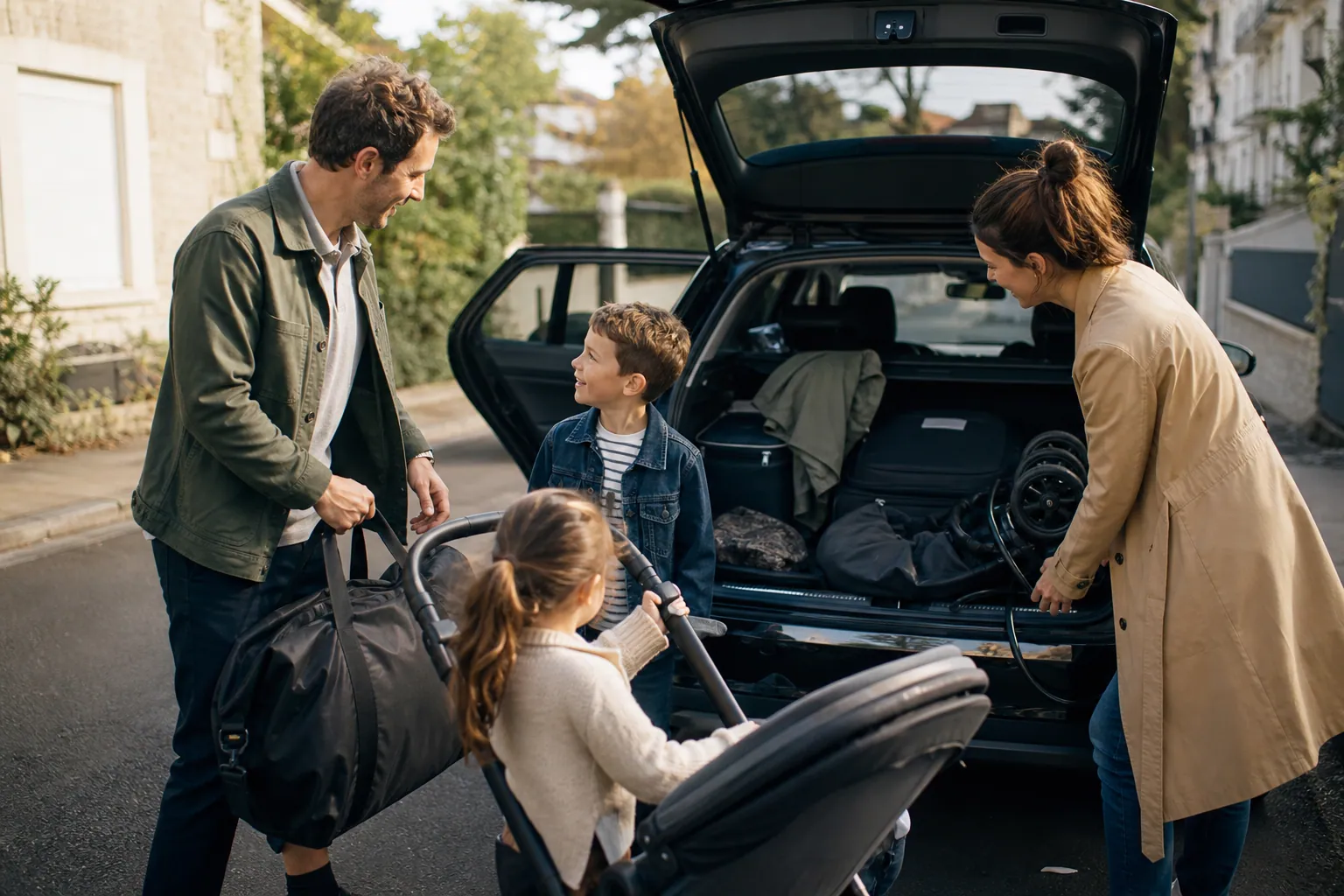 Famille française chargeant poussette et bagages dans une voiture familiale