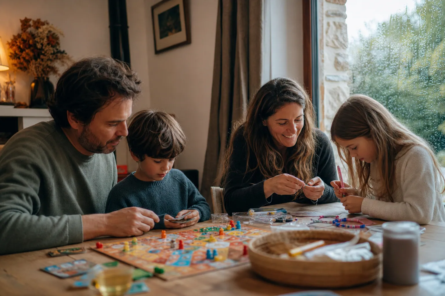 Famille jouant à des jeux et bricolant à la maison pendant la pluie
