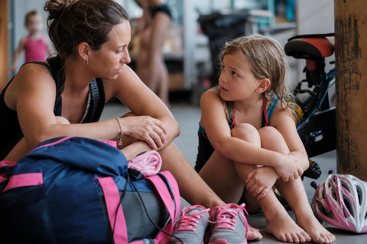 Un parent échange avec son enfant dans un club de sport avant l’inscription.