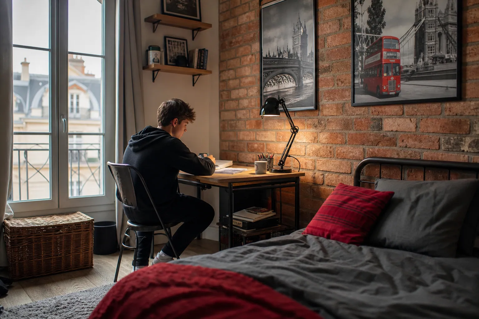 Chambre d’ado décorée dans l’esprit Londres, avec mur brique et touches urbaines