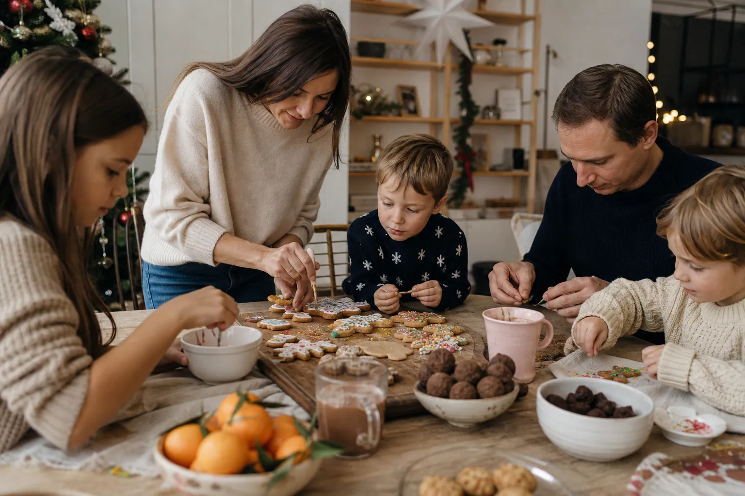 Goûter de Noël en famille avec sablés décorés, chocolat chaud et clémentines
