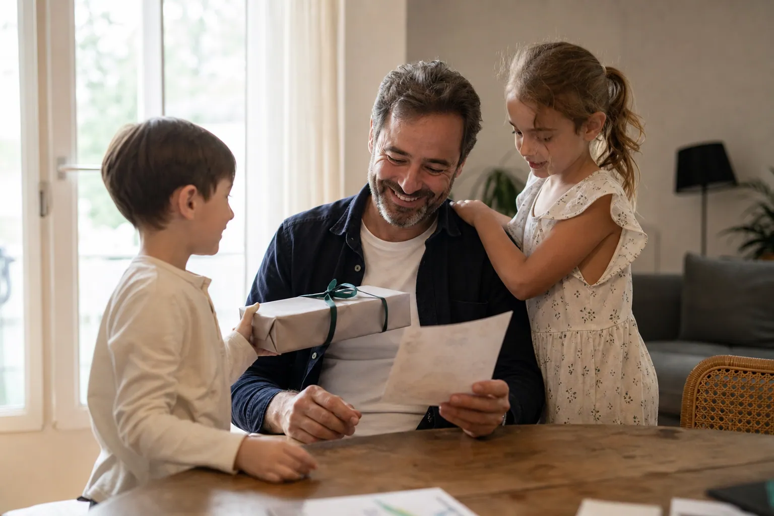 Un père reçoit un cadeau fait main de ses enfants dans un salon lumineux et chaleureux.