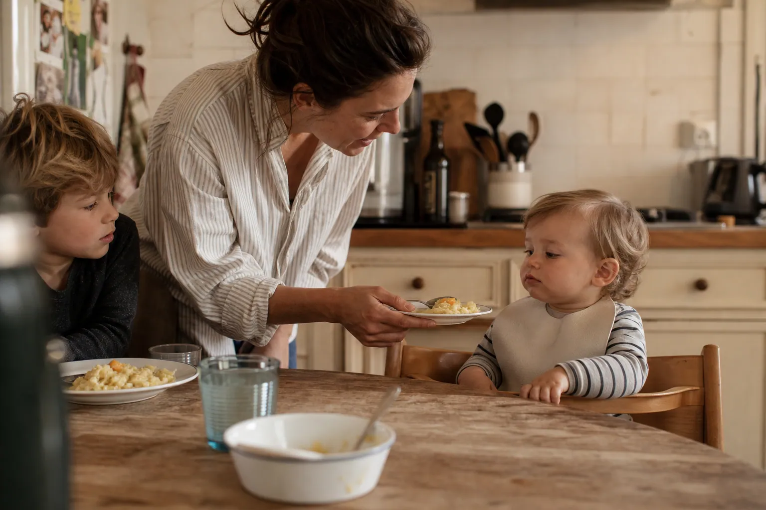 Parent servant une assiette adaptée à un tout-petit dans une cuisine familiale