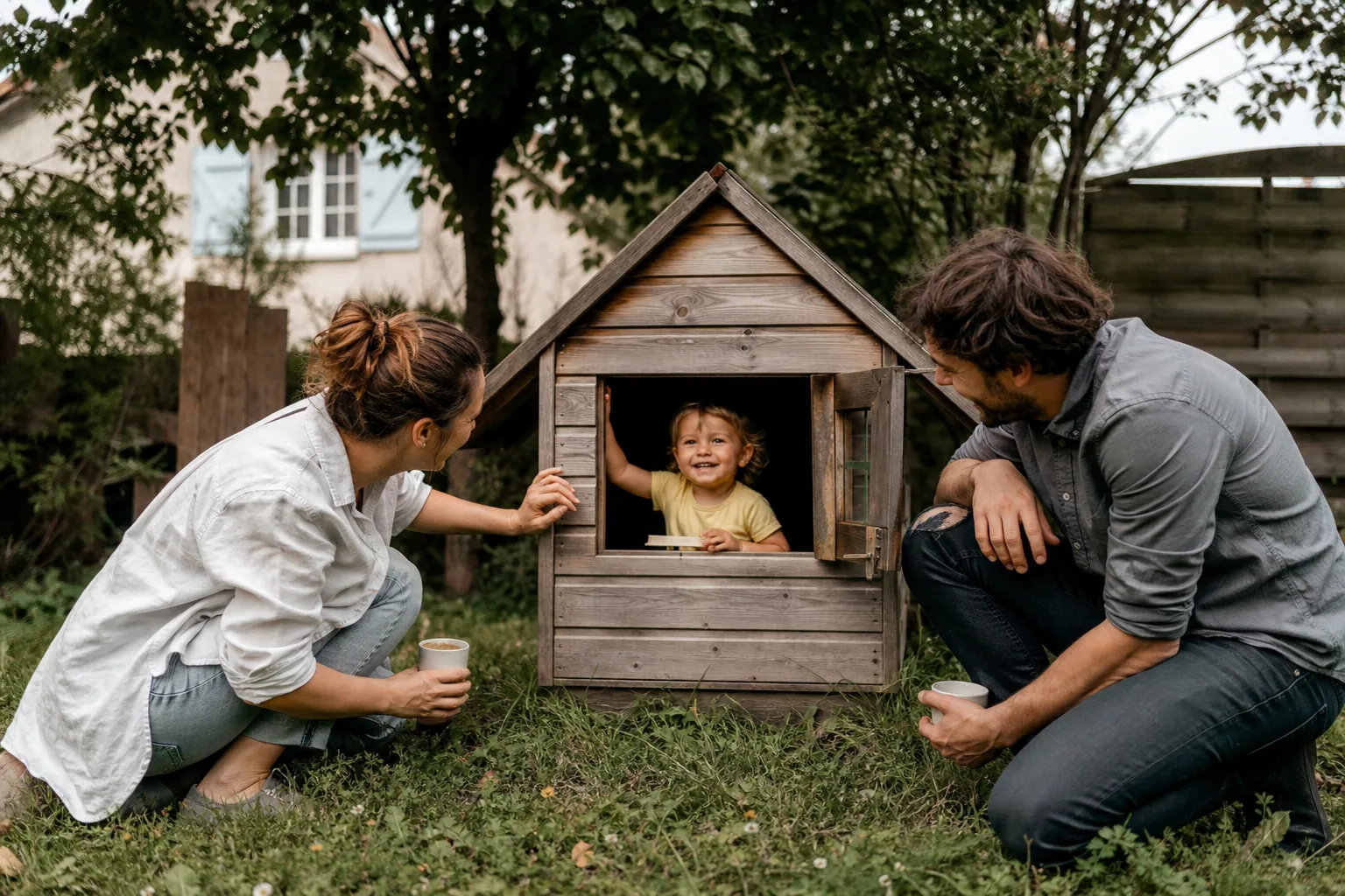 Enfant jouant dans une maisonnette en bois dans un jardin familial