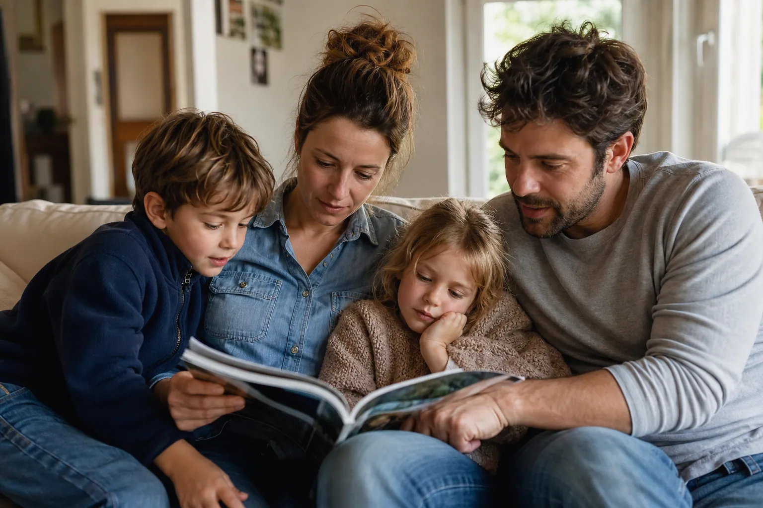 Famille française lisant un magazine familial ensemble dans un salon lumineux