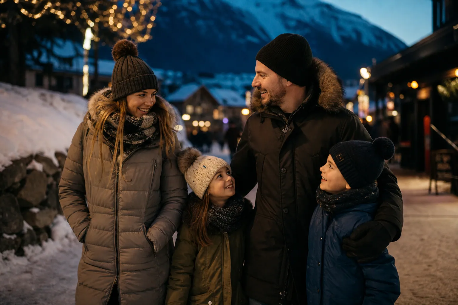Famille dans une station des Alpes du Sud un soir de réveillon, sous la neige et les lumières.