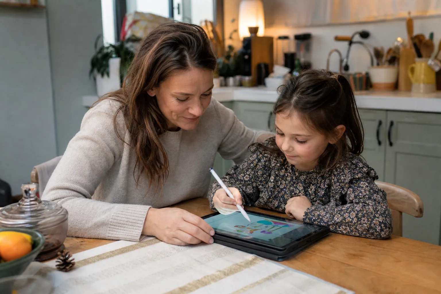 Parent et enfant créant une e-card sur tablette dans une ambiance chaleureuse