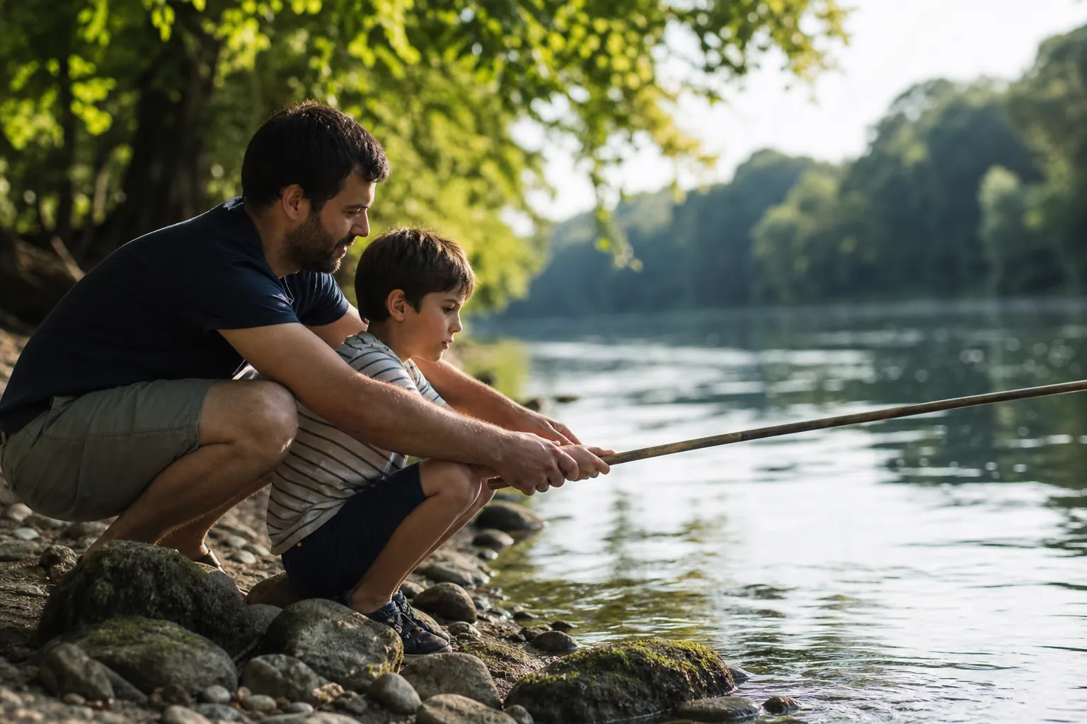 Parent et enfant au bord d’une rivière, canne à pêche à la main