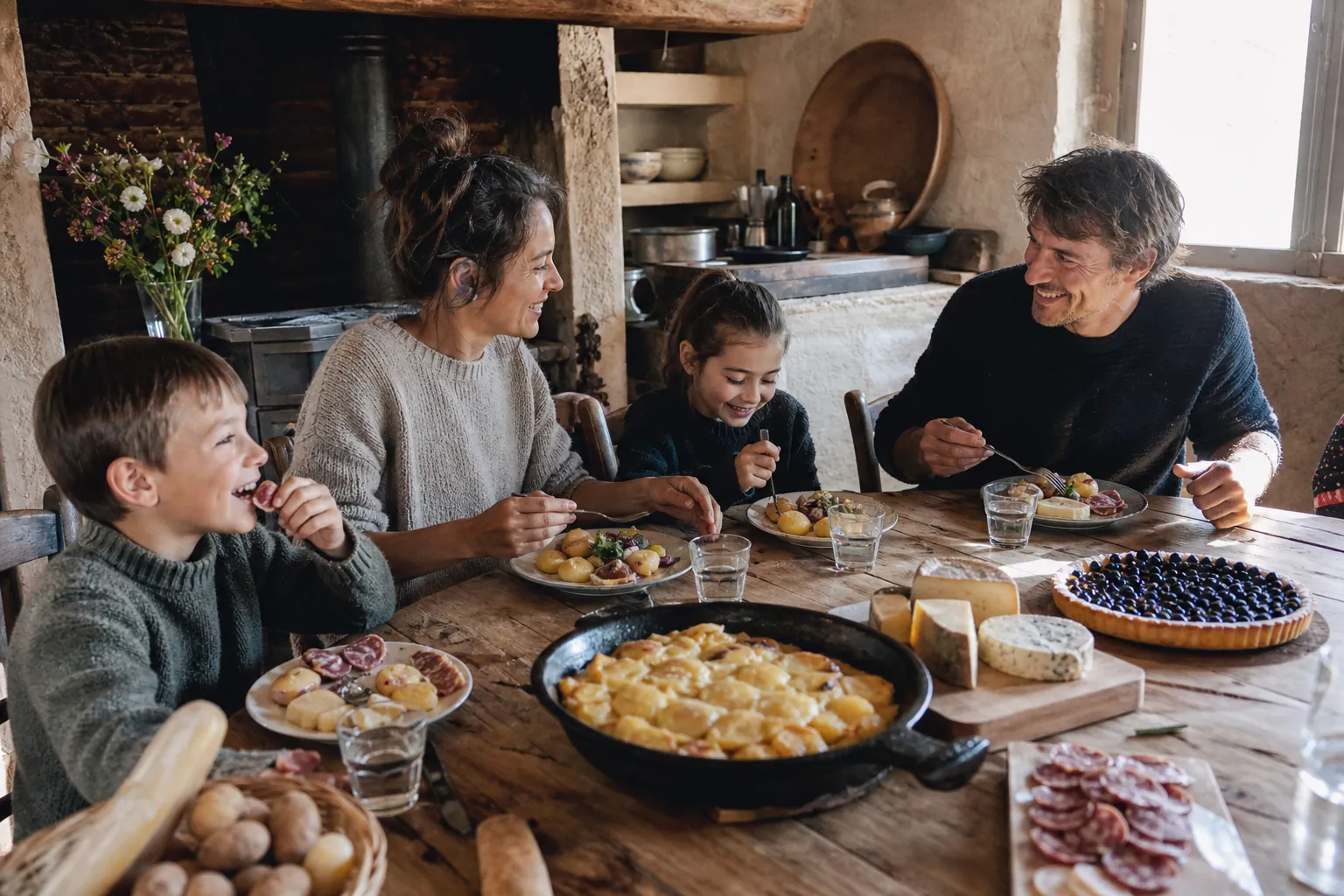 Famille partageant une truffade et des fromages auvergnats autour d’une table rustique.