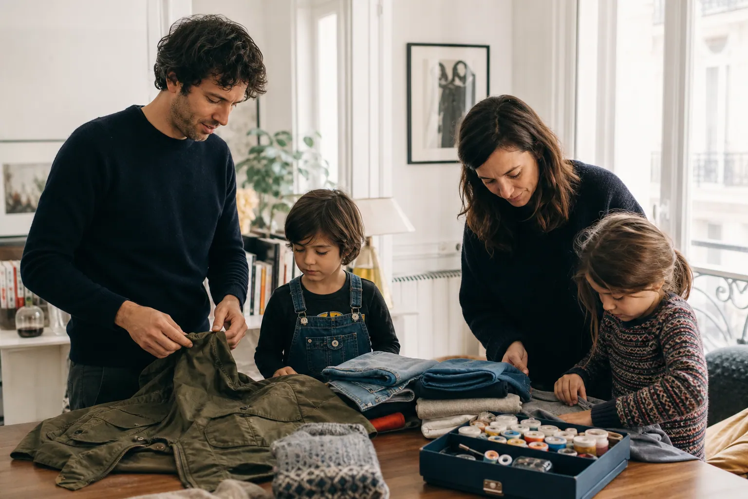 Famille française triant des vêtements et une pièce de seconde main à la maison.