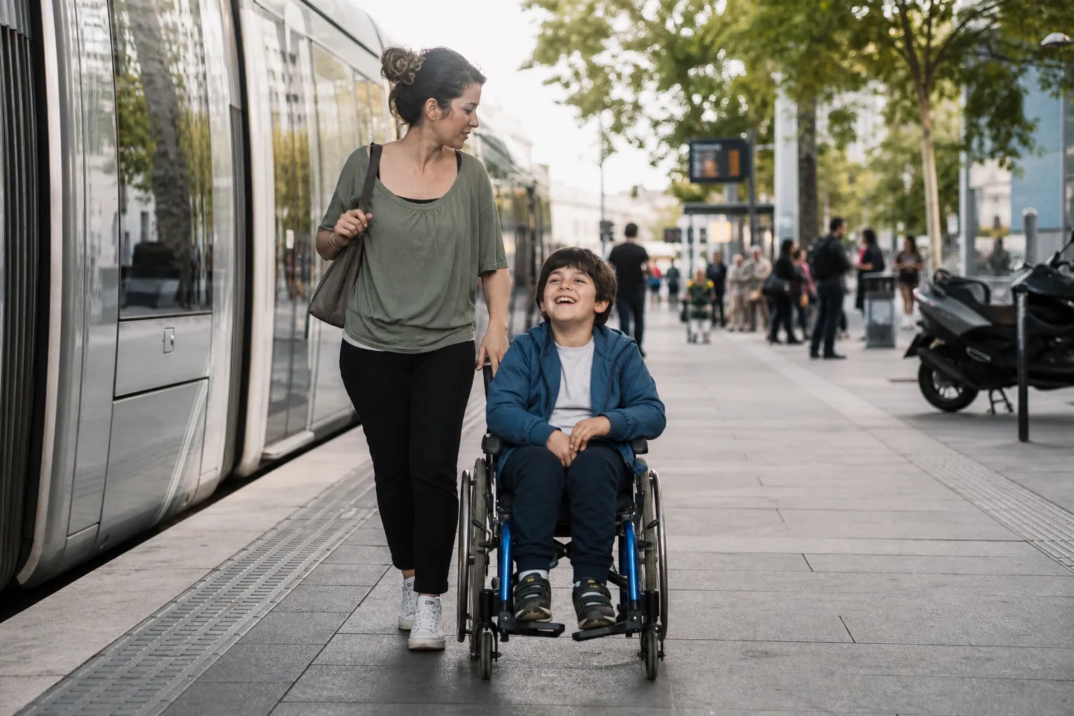 Famille française dans une rue accessible avec un enfant en fauteuil roulant.