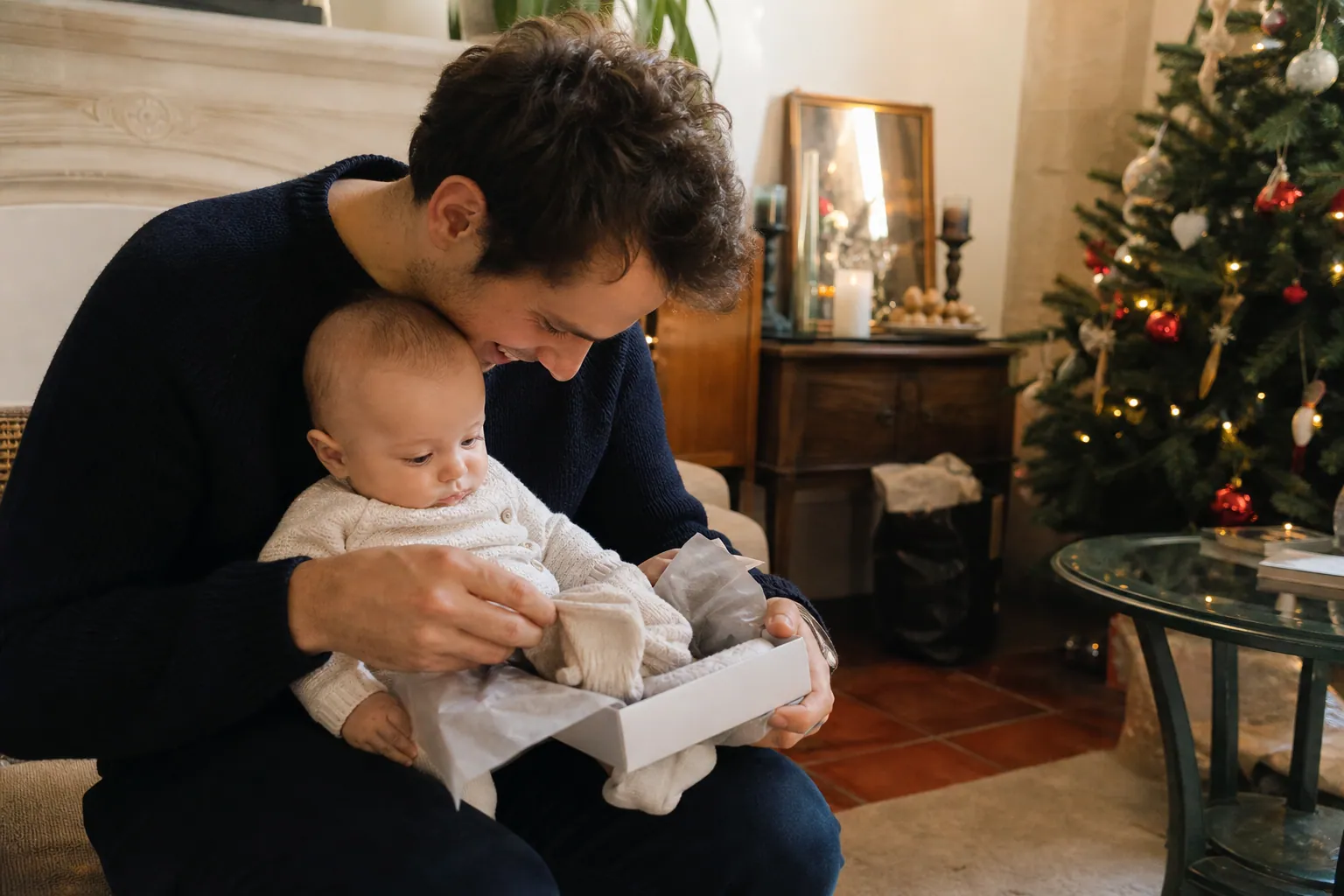 Un parent ouvre un cadeau de Noël avec son bébé dans un salon chaleureux.