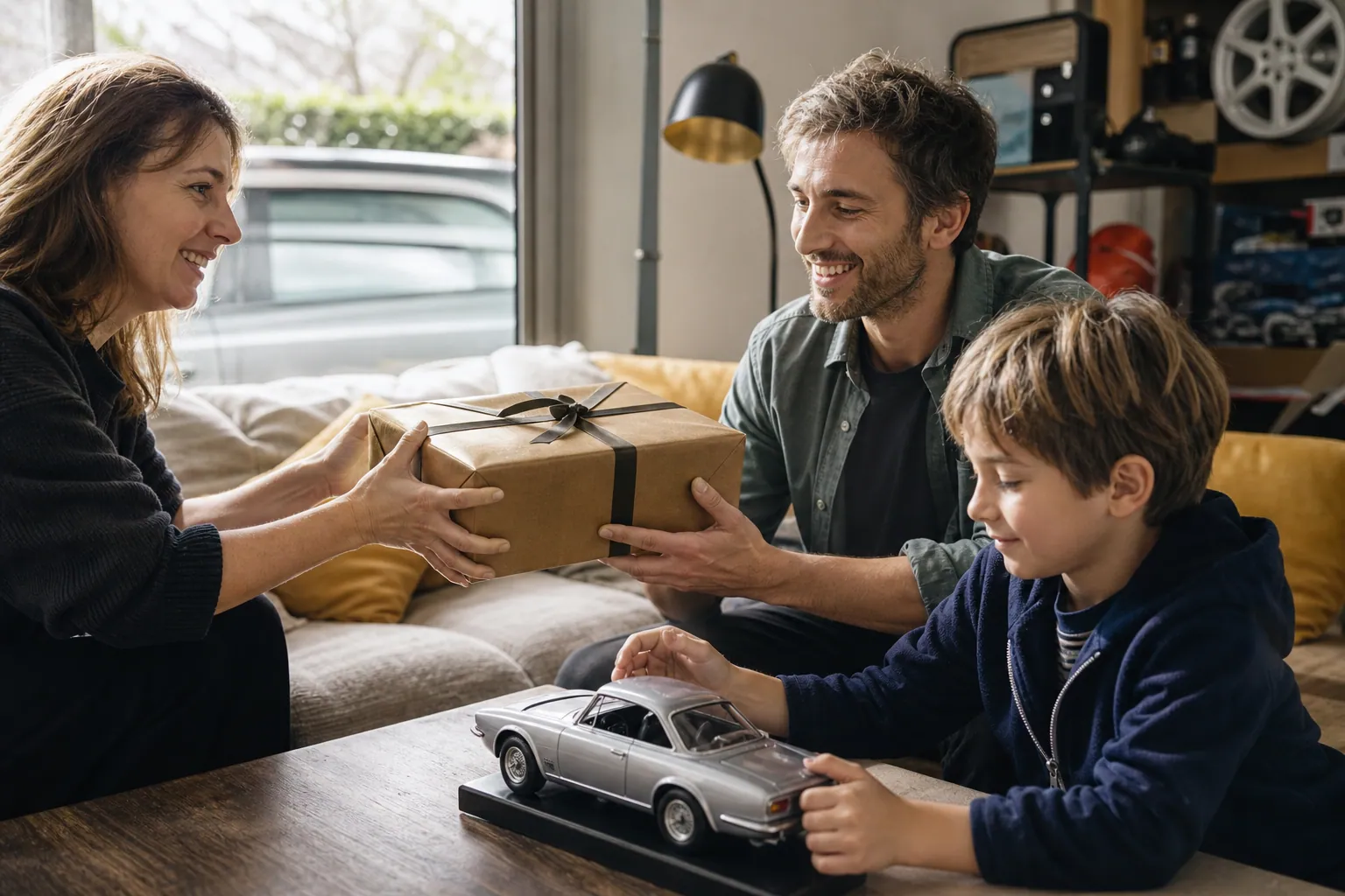 Un parent offre un cadeau auto à un proche dans une ambiance familiale chaleureuse.