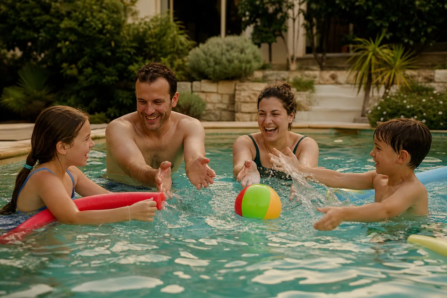 Famille jouant à un relais aquatique dans une piscine, sous une lumière d’été douce.