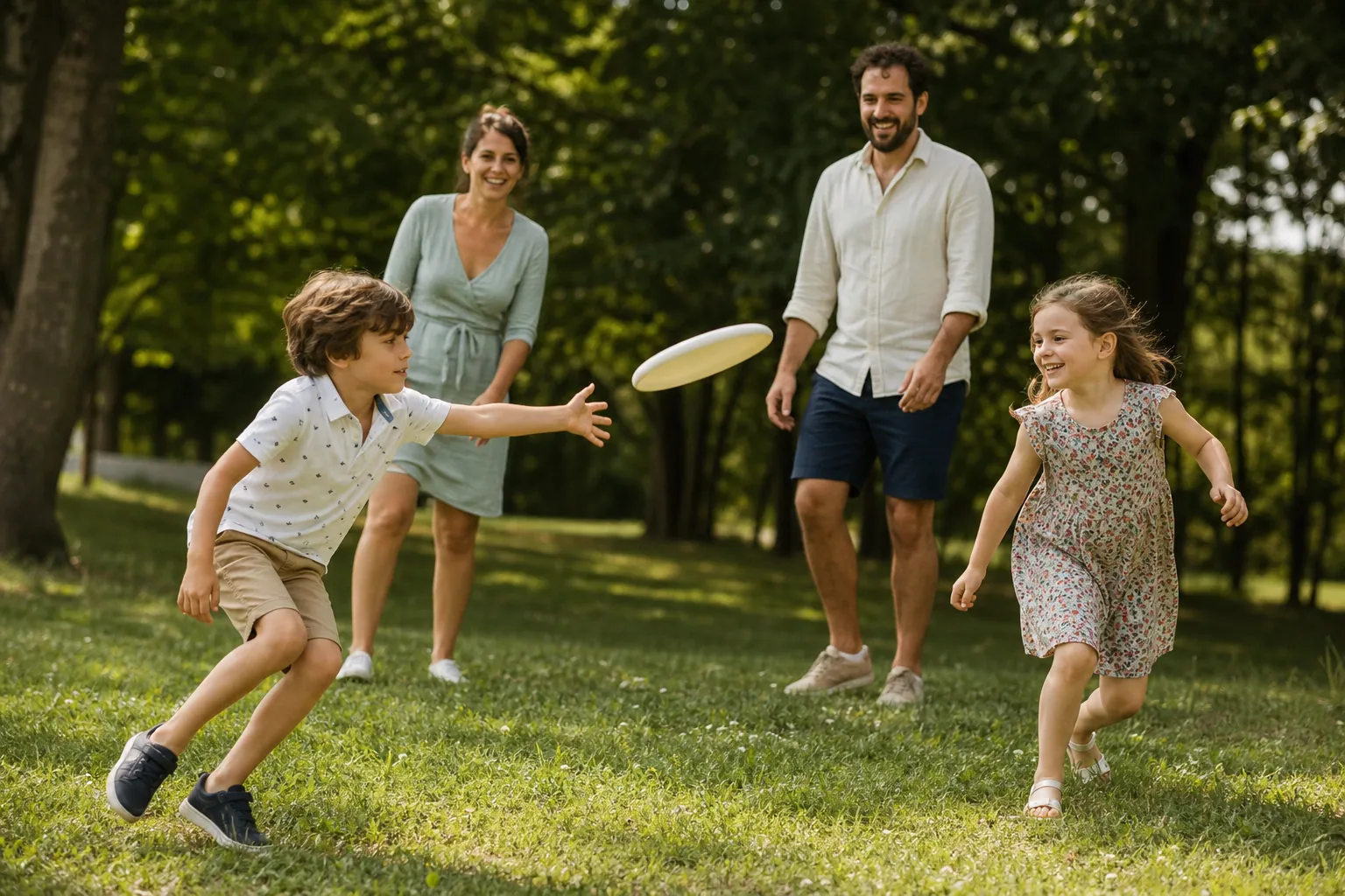 Famille française jouant au frisbee dans un parc ensoleillé