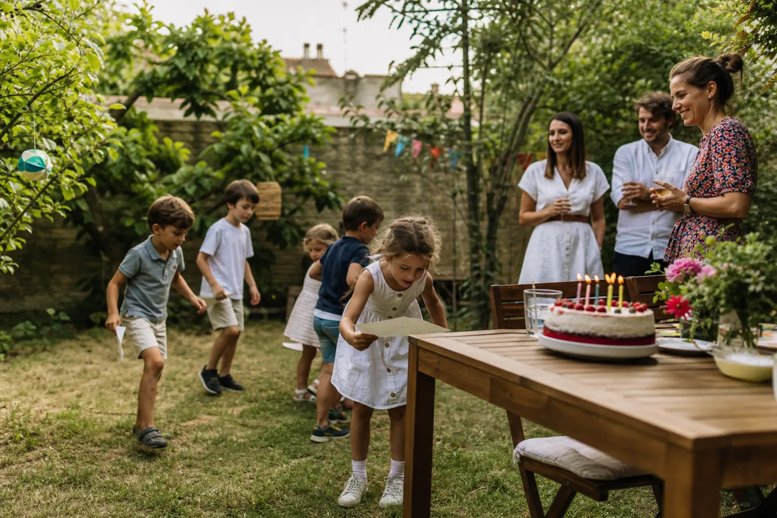 Des enfants jouent à la chasse au trésor dans un jardin pour un anniversaire.