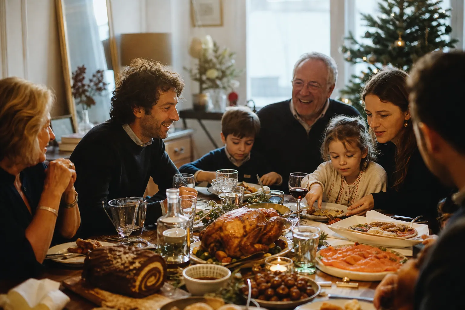 Table de Noël familiale avec volaille, saumon fumé, marrons et bûche.