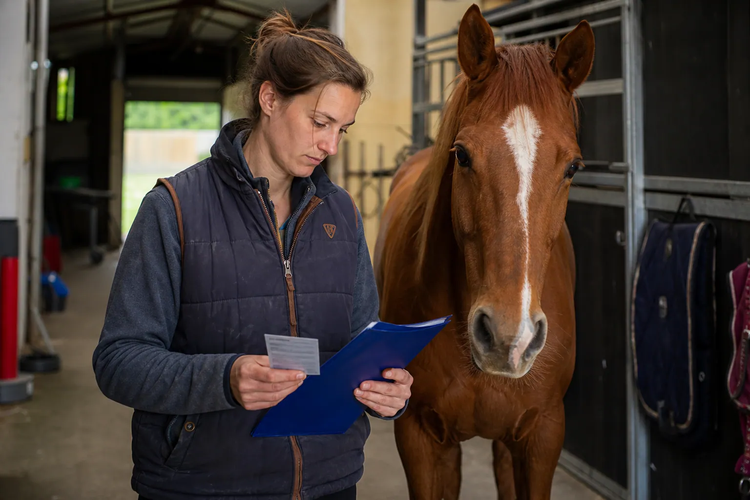 Propriétaire de cheval tenant une carte et un passeport dans une écurie