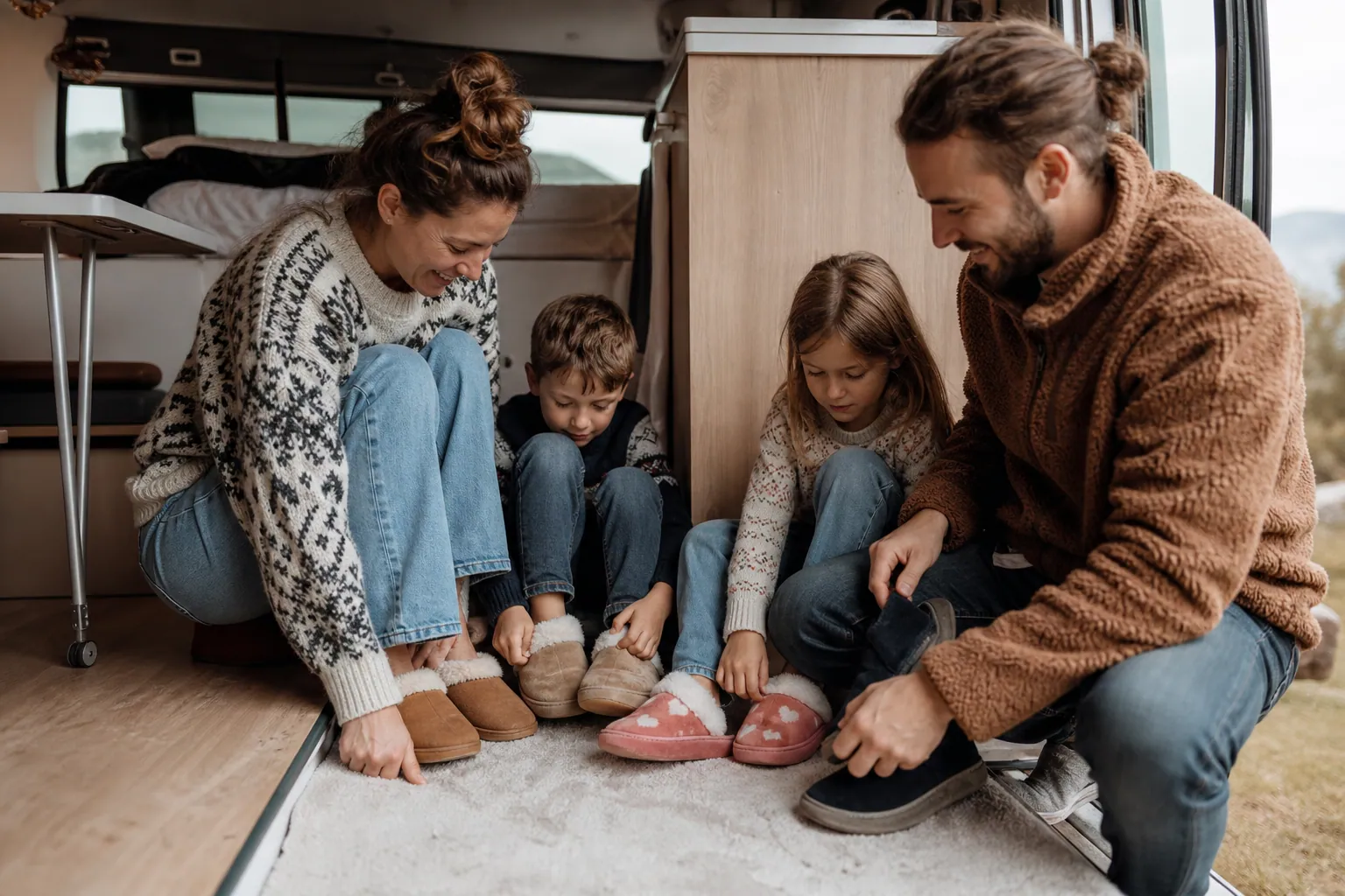 Famille en camping-car enfilant des chaussons avant d’entrer