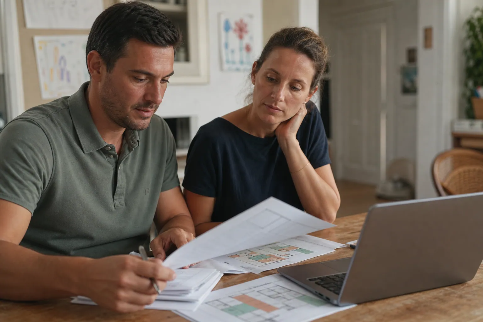 Un couple français consulte des documents d’investissement à la table de la cuisine.