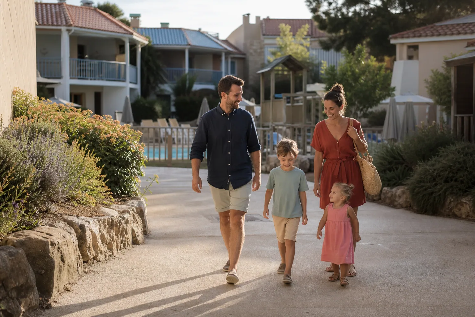 Famille souriante dans un village de vacances, près d’une piscine et d’aires de jeux.