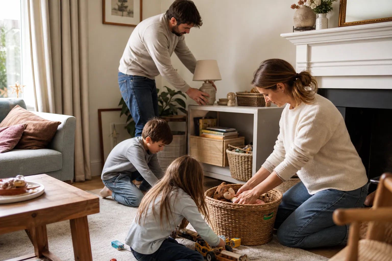 Parents et enfants réorganisant un salon lumineux avec des paniers et une lampe