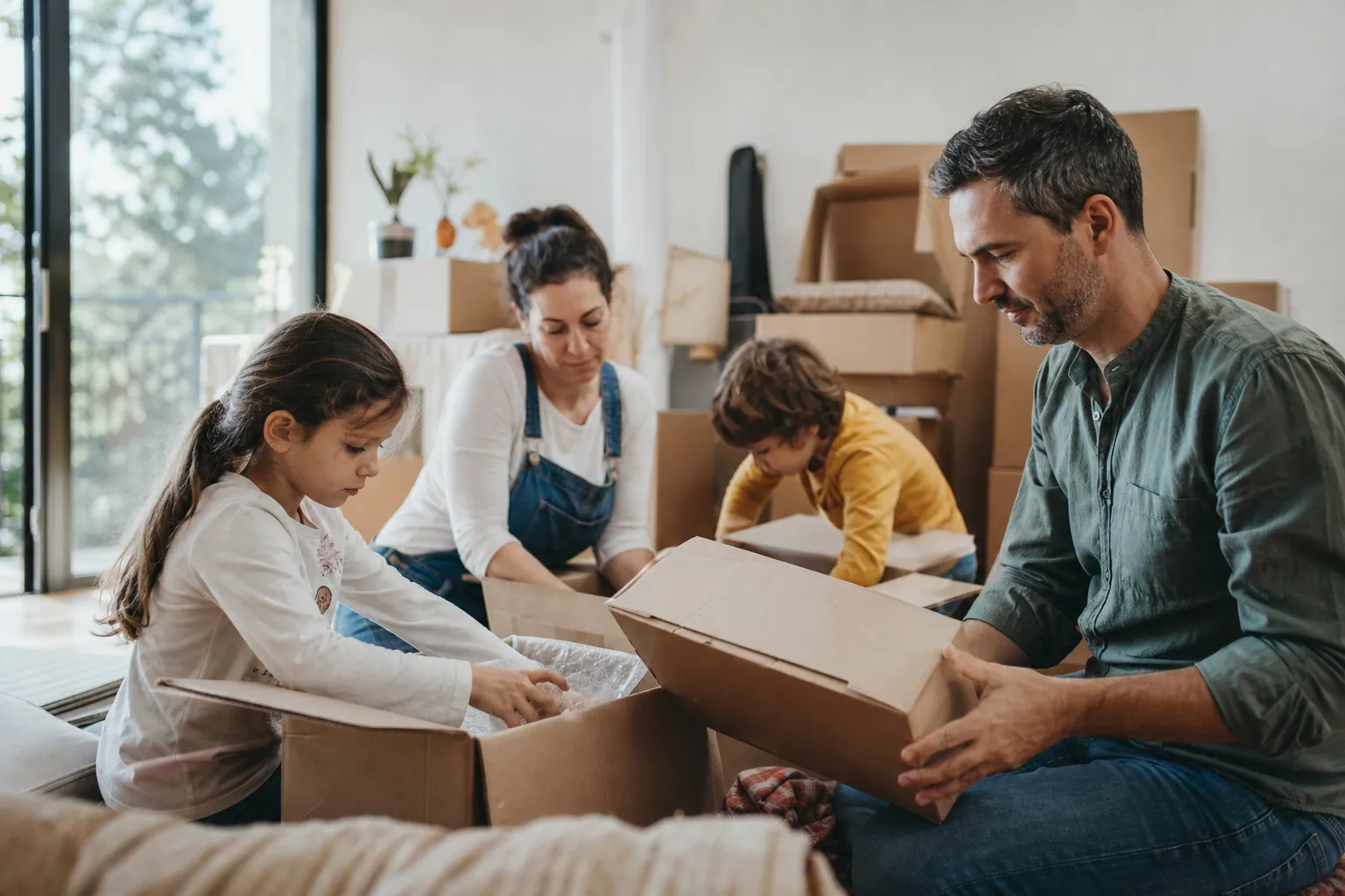 Famille française triant des cartons étiquetés pendant un déménagement