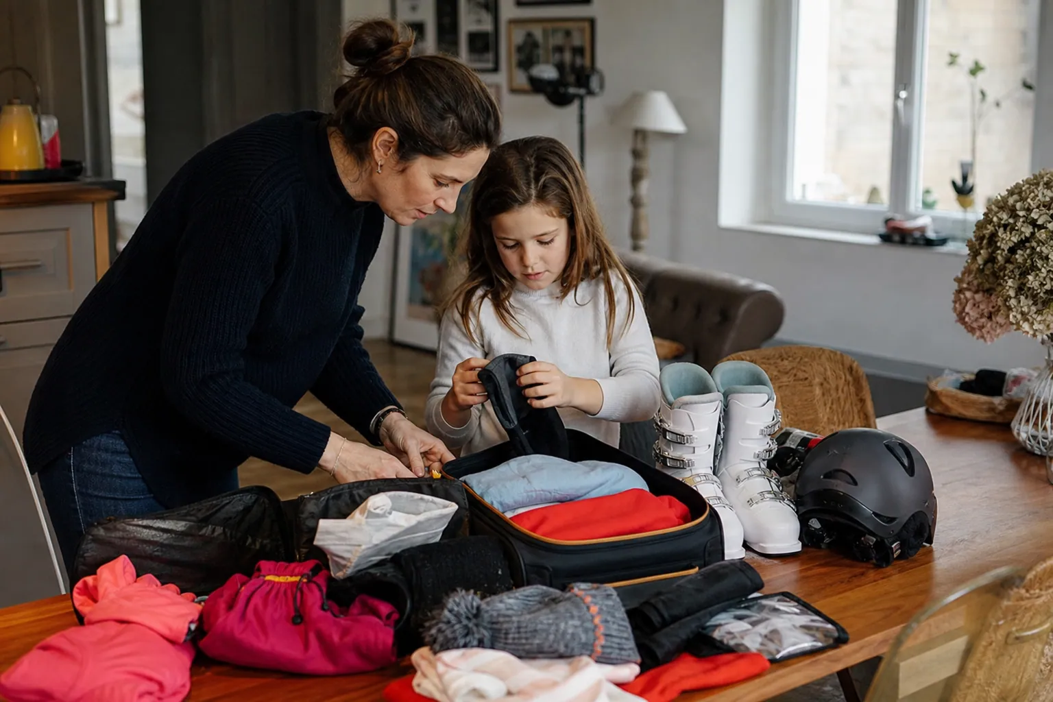 Parent et enfant préparent un trousseau pour une classe de neige sur la table du salon.