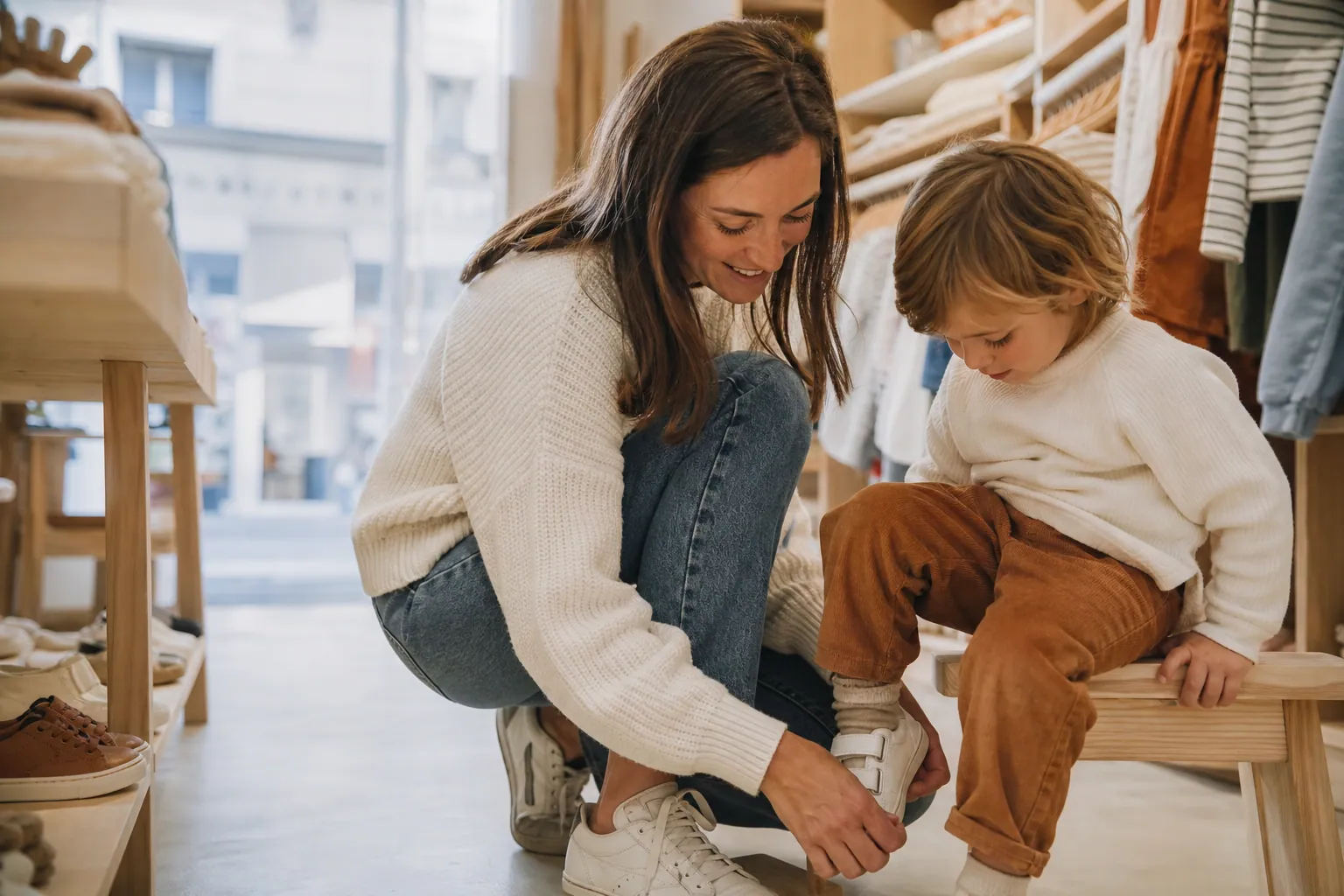 Parent et enfant en magasin en train d’essayer des chaussures confortables.