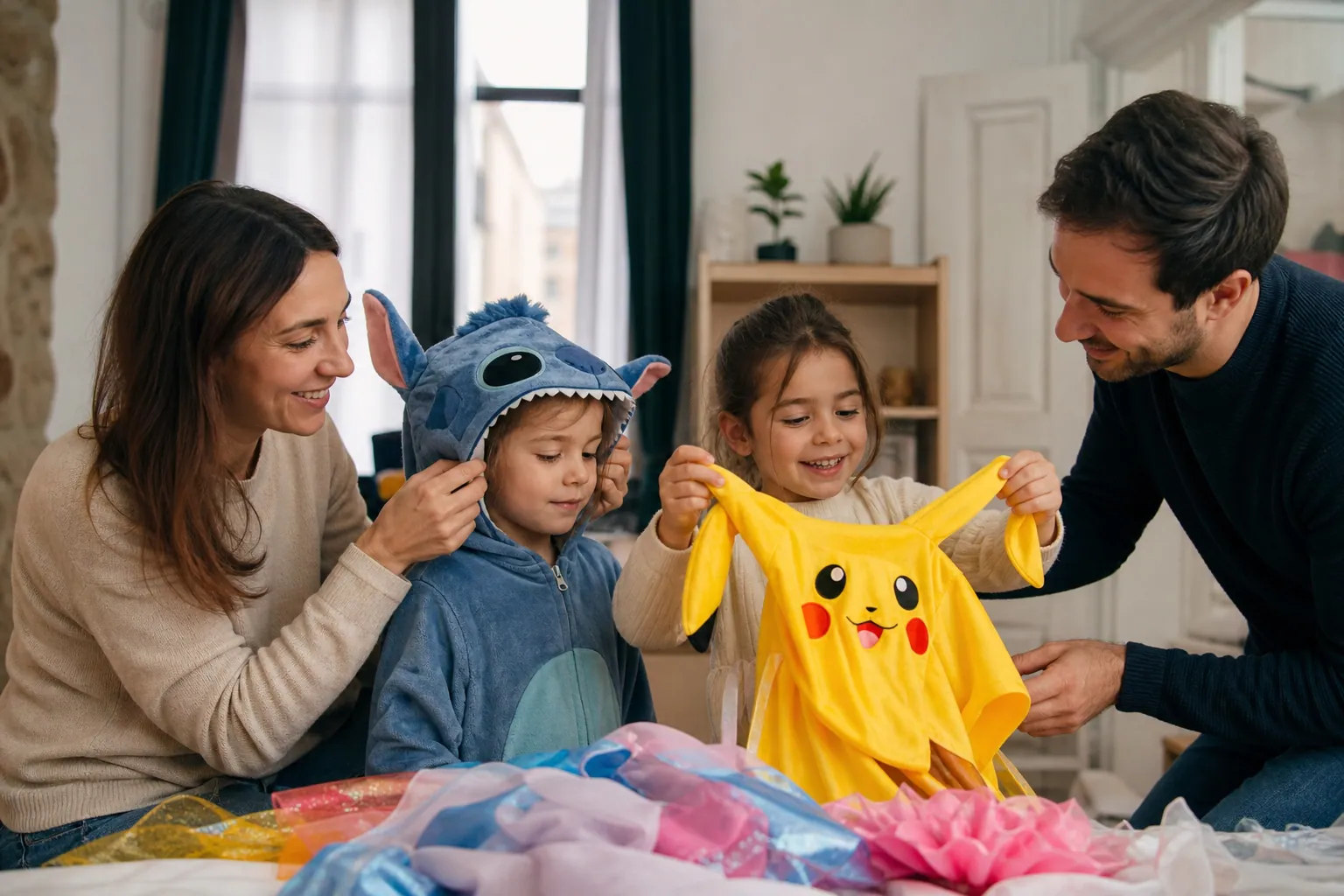 Enfants en déguisements de dessins animés, souriants, dans un salon lumineux.