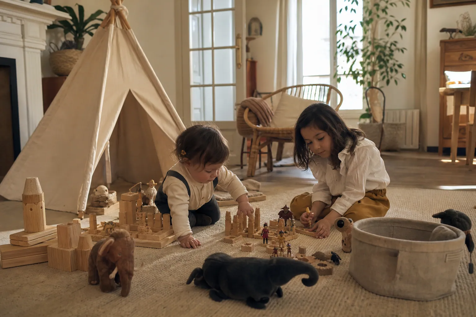 Enfants jouant librement avec des blocs, figurines et une tente dans un salon lumineux.