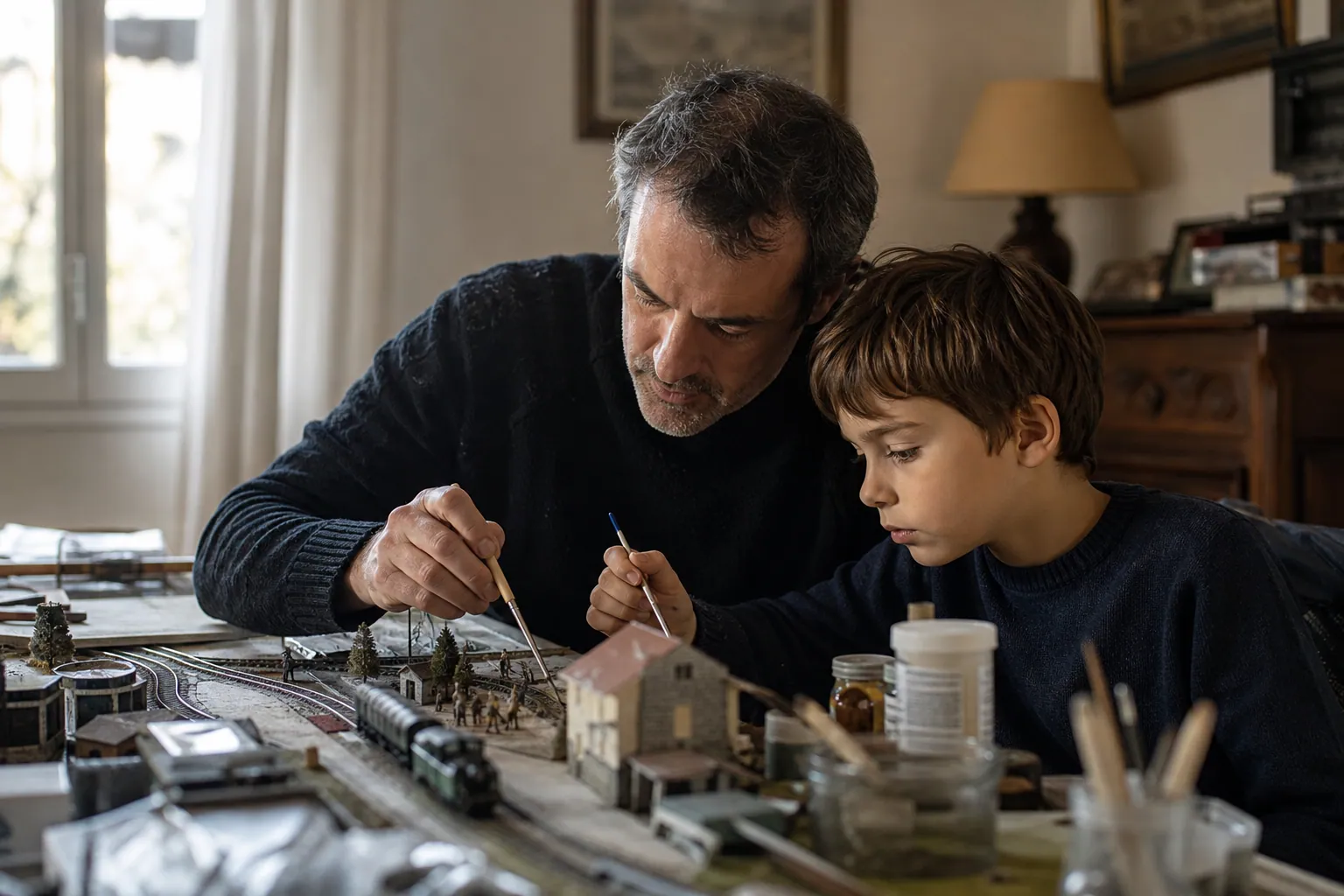 Parent et enfant devant une maquette et un réseau de train miniature, en pleine activité de modélisme.
