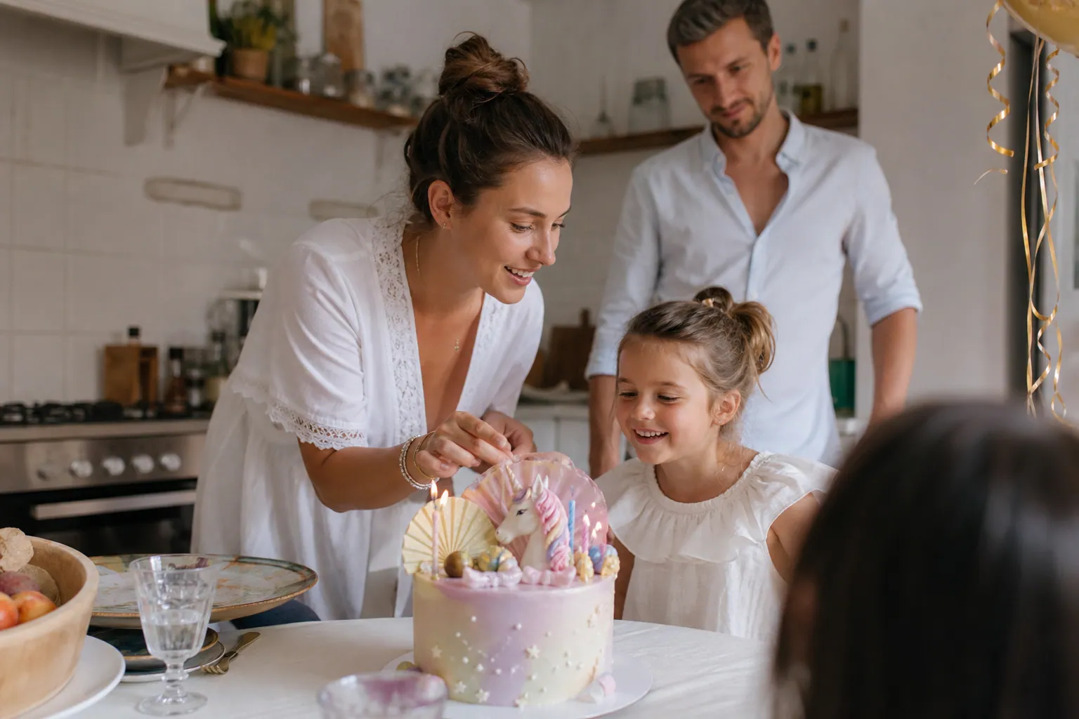 Gâteau d’anniversaire pastel décoré pour une fille, présenté par sa mère en cuisine