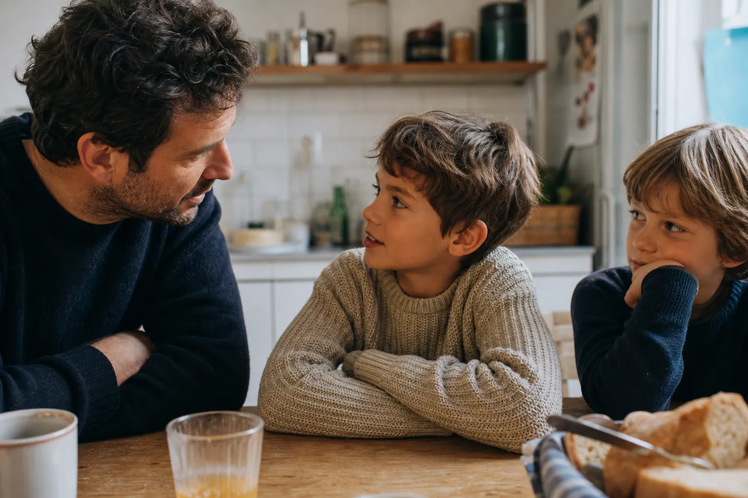 Parents et enfant discutent calmement à table dans une cuisine lumineuse.