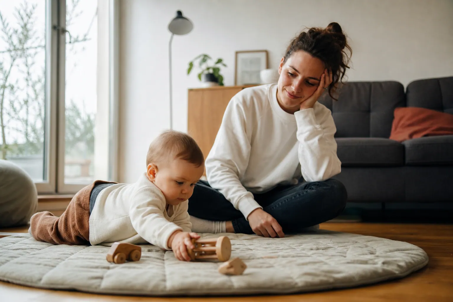 Parent observant un bébé jouer librement sur un tapis, dans un salon lumineux et chaleureux.
