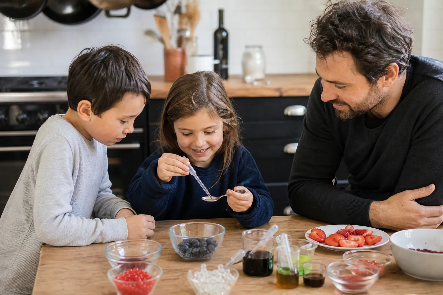 Famille française découvrant la cuisine moléculaire autour d’un plan de travail
