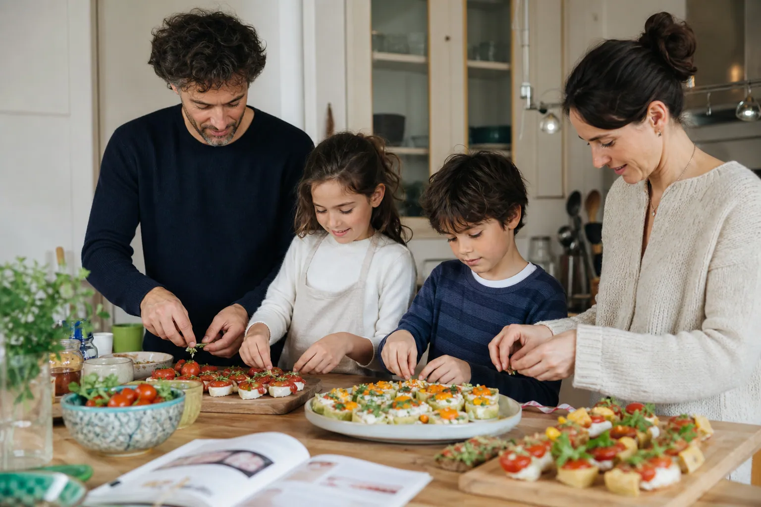 Famille française préparant des bouchées apéritives dans une cuisine chaleureuse